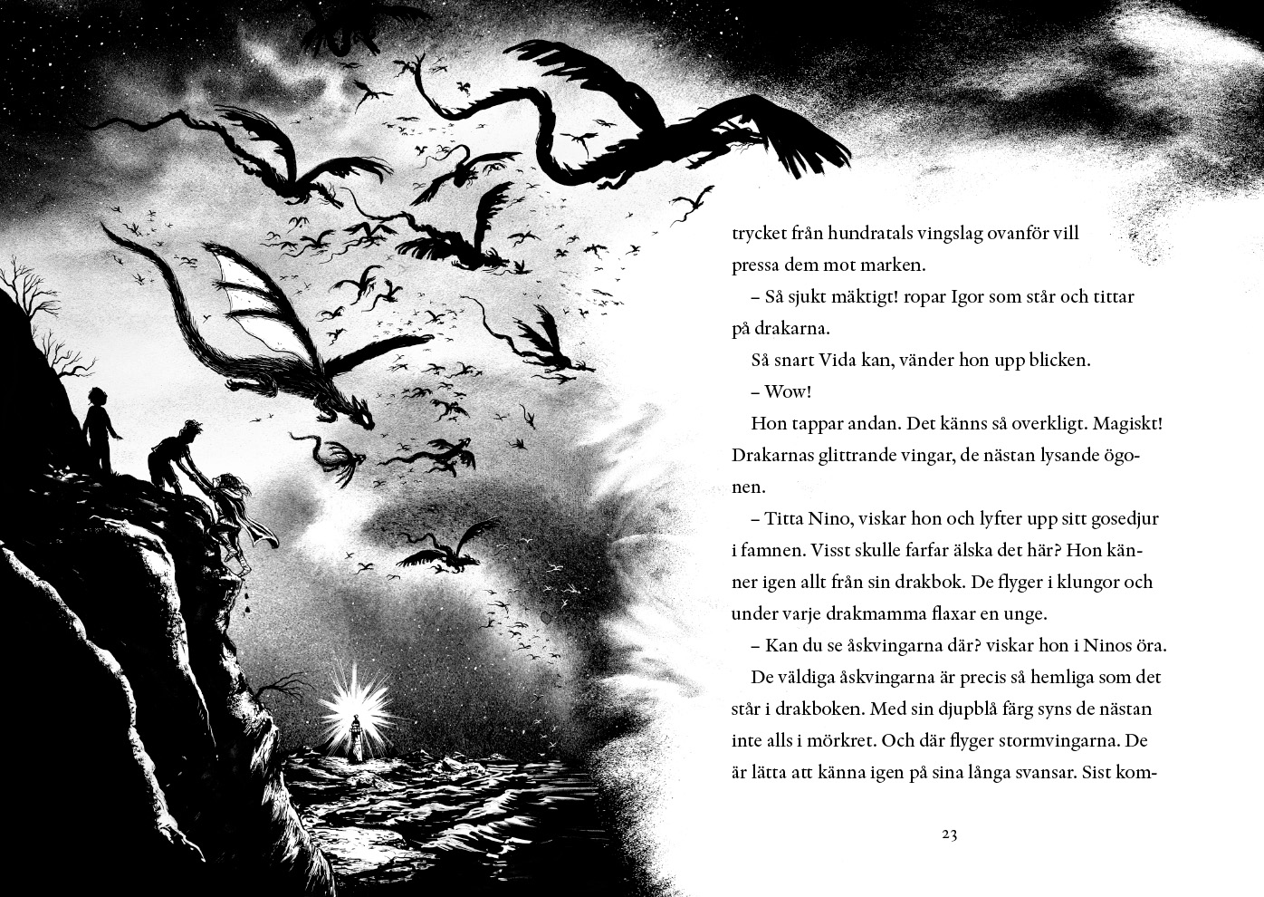 Uppslag ur Drakarnas natt. Drakar flyger över himmelen.